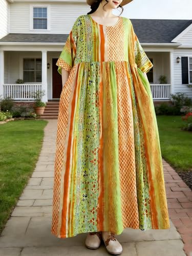 Image of Women Summer Dress with Pockets Plus Size Boho Floral Print Round Neck Loose Casual Flowy Dress