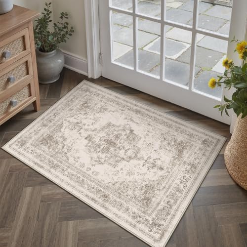 Area Rug 2x3 Beige Washable Entryway Vintage Medallion Carpet Non Slip Low Pile Soft Doormat Distressed Retro Indoor Small Rug for Kitchen Bedroom Laundry Bathroom