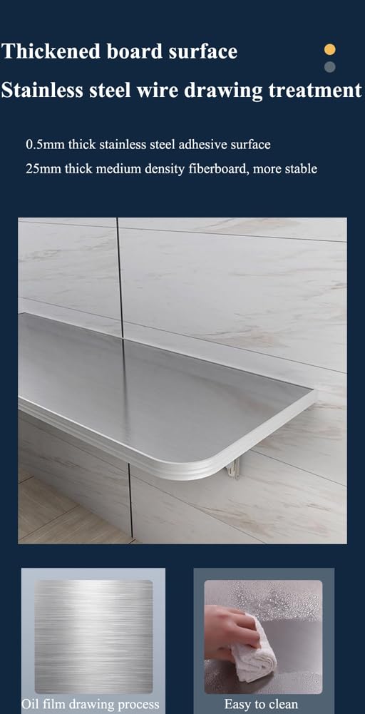 Mesa Plegable de Acero Inoxidable para Montaje en Pared, Ahorra Espacio, Ideal para lavandería y Cocina. Mesa portátil de 60x40 cm para Food Trucks, Bares y Espacios pequeños.