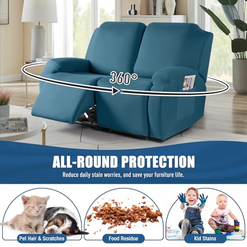 Image of TAOCOCO Recliner Loveseat Slipcover, 2 Pieces Polyester Fabric Stretch Sofa Covers for 2 Seat Reclining Couch, Soft Washable Furniture Protector with Pockets (2 Seat, Turquoise Blue)