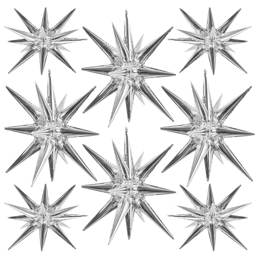 Image of TONIFUL 8 Pcs Explosion Star Balloons Silver Foil Balloon Party Decorations | 2 Size Mylar Star Balloon for New Year Party Decor Christmas Graduation Birthday Wedding Baby Shower Photo Booth Supplies