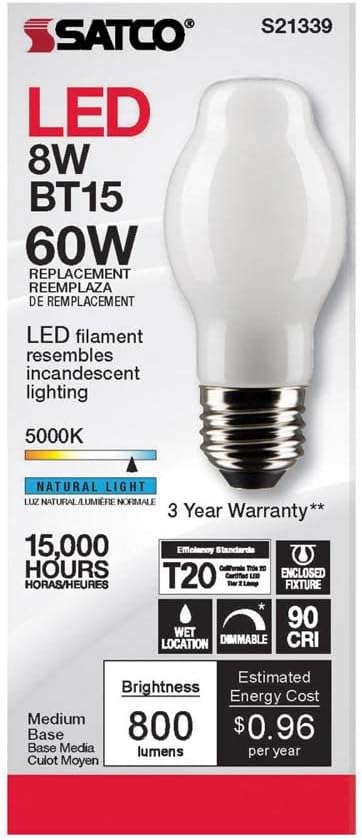 Satco S21339 8 Watt 120V LED Filament Light Bulb, White Finish, 5000K Natural White, 800 Lumen, Dimmable, Medium Base BT15, 6 Pack