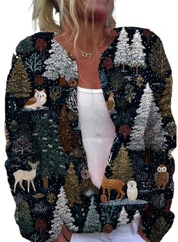 Sweaters for Women Novelty Graphic Print Long Sleeve Knit Cardigans Open Front Button Crewneck Winter Fall Coat