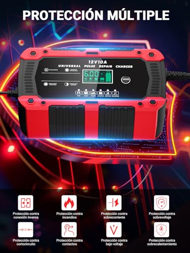 Miniatura 6 de Ryqlvot Cargador De Batería De Coche 12v 10a Cargador Baterias Coche Y Moto Con Pantalla Táctil Lcd Inteligente Y Múltiples Protecciones Cargador De Batería Para Auto Moto Camión Agm, Gel, Sla
