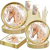 Horse Birthday Party Supplies, Horse Party Tableware Complete Pack Horse Party Plates and Napkins Including Gold Horse Party Plates,Cups, Napkins,Straws for Horse Birthday Baby Shower Decorations