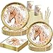 Horse Birthday Party Supplies, Horse Party Tableware Complete Pack Horse Party Plates and Napkins Including Gold Horse Party Plates,Cups, Napkins ,Straws for Horse Birthday Baby Shower Decorations