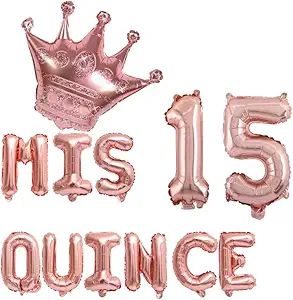 KUNGOON Mis Quince 15 Balloon Set,Girl's 15th Birthday Crown Theme Party Decor,for Quinceanera Birthday Party Decorations (Rose Gold)