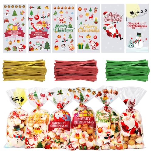 OWill 120 Pcs Christmas Sweet Bags,Christmas Cellophane Bags with Colorful Twist Ties,Christmas Treat Bags for Sweets Party Christmas and Festivals -27 * 13cm