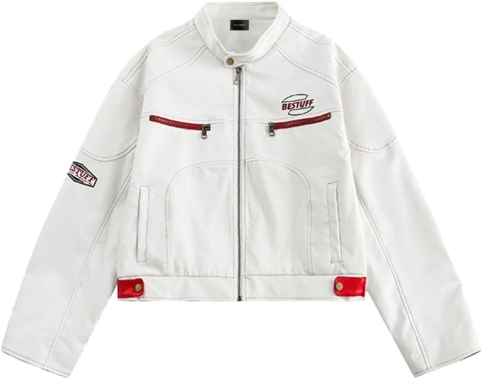 Women’s Cropped Moto Biker Jacket PU Leather Short Racing Coat with Stand Collar, Zip Pockets