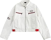 Fullneat Women's Cropped PU Leather Moto Biker Jacket - Short Racing Coat with Stand Collar, Zip Pockets, S-3XL