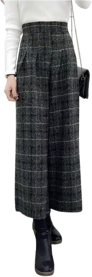 chouyatou Women's Winter High Waist Wide Leg Plaid Wool Blend Palazzo Capri Pants Culottes with Pockets