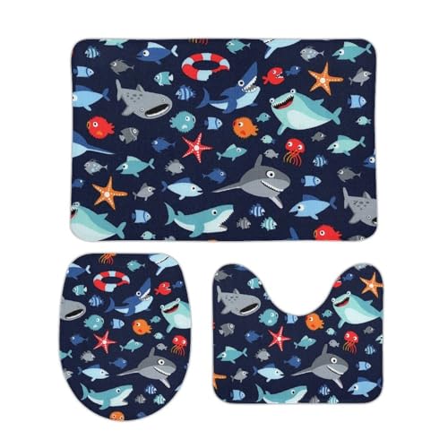 トイレマット 3点セット サメ 魚柄 海洋動物 救命浮き輪 ヒトデ フタカバー 便座カバー 洗える バスマット ふわふわ 滑り止め U型 O型 兼用 ズレない おしゃれ 吸水速乾 40cm x 60cm