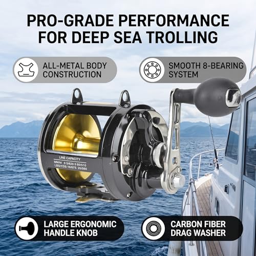 VBESTLIFE TR12000 Caña de Pescar con Carrete de Trolling Todo Metal, Relación de Velocidad 3.4:1, Arandela de Freno de Fibra de Carbono para Pesca en Salmuera en Barco de Alta Mar miniatura 4