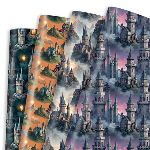 Pineraap Medieval Castle Wrapping Paper 12 Sheets Elegant Ancient Castle Themed Vintage Gift Wrap for Birthday, History Lovers, 20"x28"