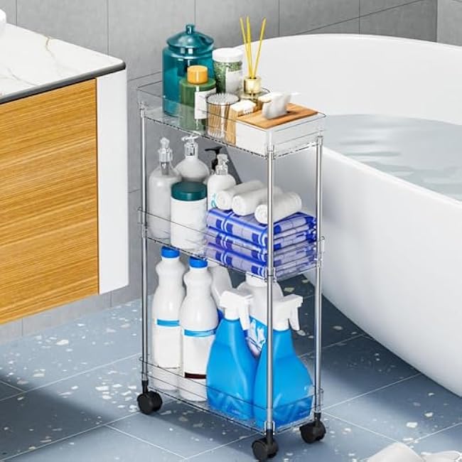 Bathroom Rolling Cart, Multi-Layer Storage Organizer with Wheels, Tiered Utility Trolley for Bathroom, Kitchen, and Living Room Home Organization-MreHj4T1
