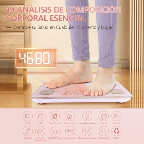 himaly Báscula Grasa Corporal, Báscula Baño Digital Compatible con Bluetooth Inteligente, Báscula Analógica Monitores de composición corporal Para Móviles Andriod y iOS（Rosa) - imagen 4