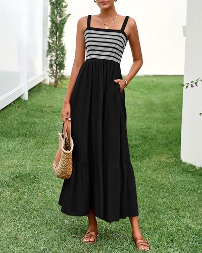 BTFBM Summer Midi Dresses for Women 2025 Spring Sleeveless Square Neck Smocked Flowy Long Beach Vacation Sundress Pocket2