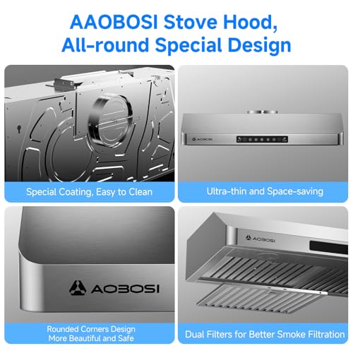 Image of AAOBOSI 30 Inch Under Cabinet Range Hood, 800 CFM Stainless Steel Kitchen Vent Hood with Gesture Sensing, Touch Control, 3-Speed Exhaust Fan, LED Lights, Ducted Range Hood