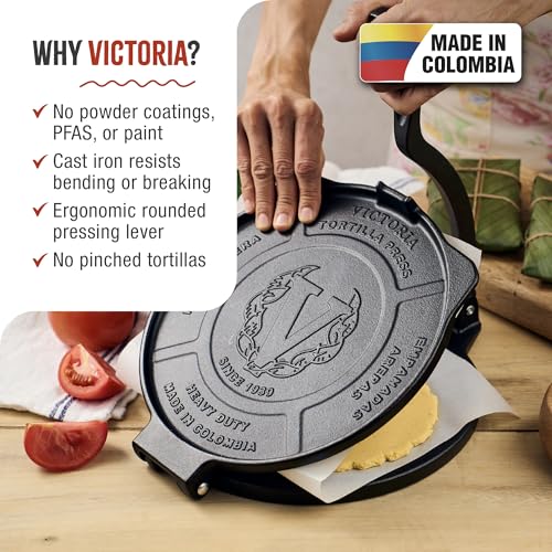 Image of Victoria 10-Inch Cast Iron Tortilla Press HD Spherrous, Commercial-Grade Cast Iron Tortilla Maker, Roti Press, Pataconera Seasoned with Flaxseed Oil, Made in Colombia, Black