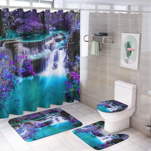 Watercolor Woodland Waterfall 4 Piece Shower Curtain Sets,Fantasy Misty Forest Purple Floral Beautiful Waterfall Non-Slip Rugs,Toilet Lid Cover and Bath Mat,Durable and Waterproof,for Bathroom