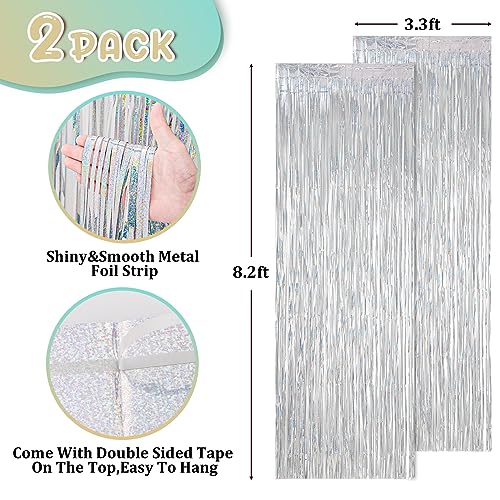 Image of Voircoloria 2 Pack Laser Silver Foil Fringe Backdrop Curtains, Tinsel Streamers Birthday Party Decorations, Fringe Backdrop for Graduation, Baby Shower, Gender Reveal, Disco Party