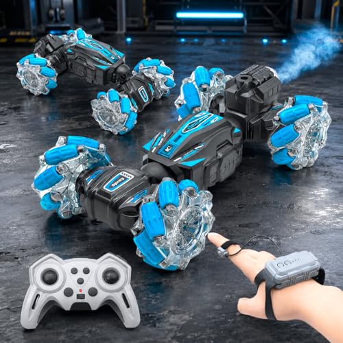 Image of VGRASSP Dual Control Twisting Drift Stunt Mist Car Toy for Kids with Remote Control and Gesture Wrist Controller - Rechargeable 360 Rotating Smoke RC Car Toy with LED Lights, Sound Effects - Blue