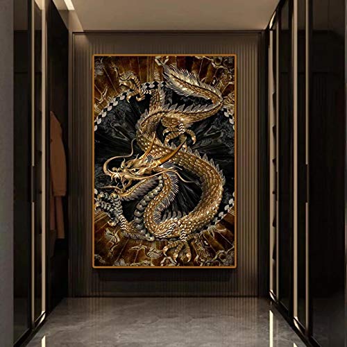 Mural de dragón chino decoración dormitorio juvenil poster moderno negro y oro 35x50cm