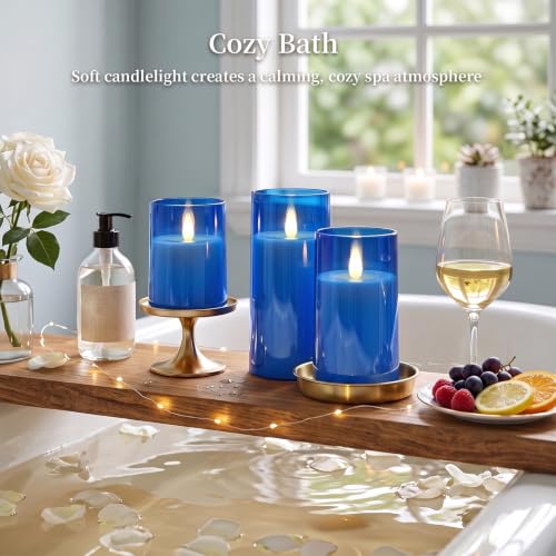 Image of Homemory Realistic Flickering Flameless Blue Candles with Remote & Timer | LED Fake Electric Pillar Candles Battery Operated for Home, Halloween, Christmas Decor, Set of 3