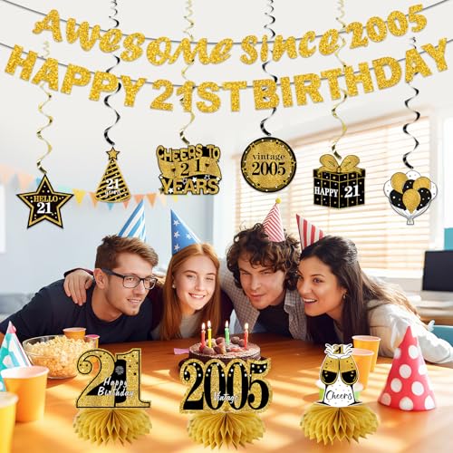 Image of Kuxriox 11Pcs 21st Birthday Decorations Kit for Men Women, Black Gold Happy 21st Birthday Banner, Awesome Since 2005 Centerpieces Swirls Party Supplies, 21 Bday Banner Ceiling Table Topper Sign