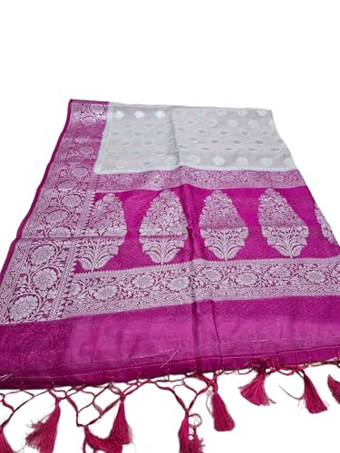 Shree's Saree Premium Khaddi Banarasi Saree, White and Pink, Silk, with Running Blouse Piece, Zari Woven