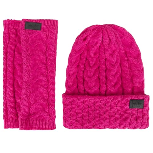 Nicole Miller Winter Hat Cable Knit Beanie & Arm Warmer Sleeves Boxed Gift Set for Women Fashion, Hot Pink