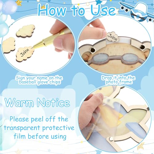 Image of Wenqik 63 Pcs Airplane Little Explorer Landing Soon Baby Shower Guest Book Alternatives Set Baby Shower Decorations with Photo Frame Sonogram Frame Keepsake 60 Wood Slices Guest Book for Birthday