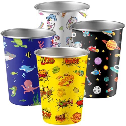 Juego de 4 vasos de acero inoxidable para niños, 350ml vasos para beber tazas vasos de regalo para niñas y niños 6 7 5 4 8 9 3 años (Amarillo Boom, Azul Océano, Negro Espacio, Blanco Unicornio)
