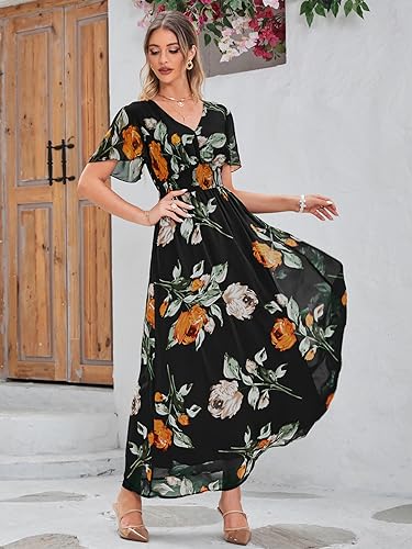 Image of Simplee Women's Boho Floral Maxi Dress Flowy Casual V Neck Short Sleeve Wedding Guest Holiday Beach Long Dress
