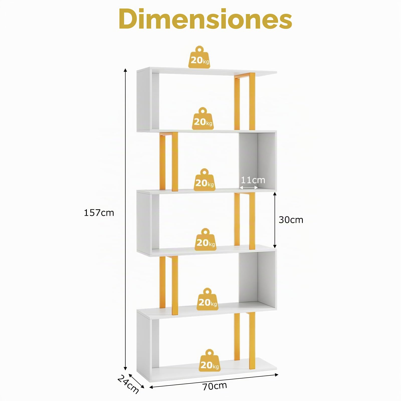 HOMASIS Estantería de Pared en Forma de S, estantería separadora de Habitaciones de Madera con Marco de Metal Dorado, estantería Blanca para salón, Estudio, Dormitorio (70 x 24 x 157 cm)
