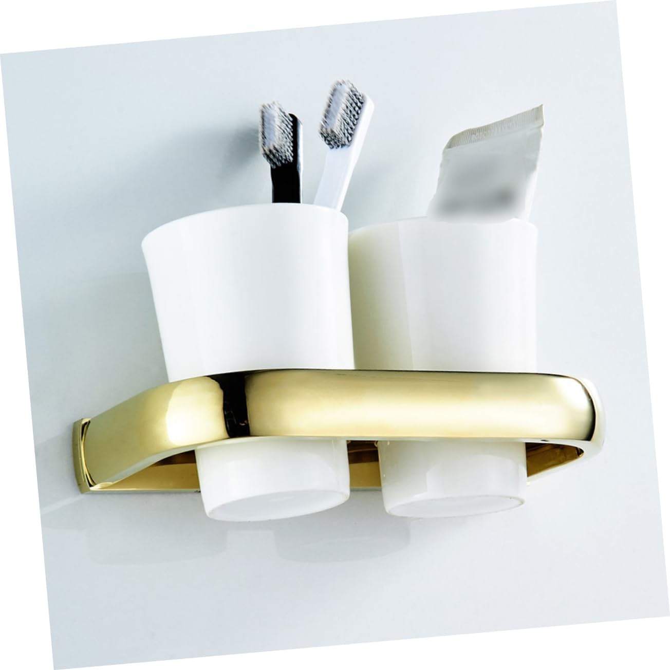 OUNONA Wall-Mounted Toothbrush Cup Holder Double-Mouth Cup Storage Rack Brass Plating Bathroom Accessory Hygienic Toothbrush Holder
