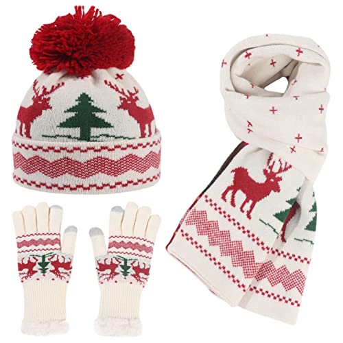 Conjunto de luvas de lenço de chapéu para crianças, Natal Plush Forrado Malha Outfit para Inverno, C