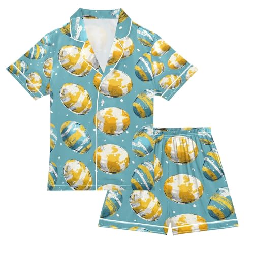 senya Watercolor Yellow Egg Painting Satin Summer Pajama Sets Silk Short Sleeve Button Down Sleepwear