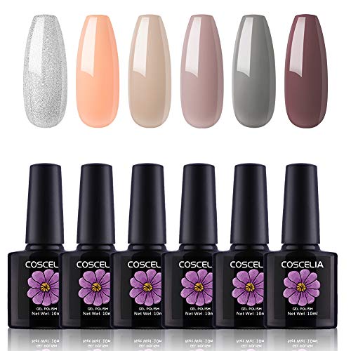 Gel Nail Polish Set 6 Colors Silver Nude Nail Polish Glitter Soak Off Nail Gel U V Nail Gel for Nail Art Salon Design Manicure Starter Set