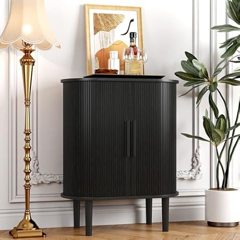 BOMETAO 28'' Sideboard Tambour Storage Cabinet, Buffet Cabinet with Storage, Storage Cabinet with Tambour Sliding Doors and Handles, Fluted Buffet Cabinets Coffee Bar for Kitchen, Living Room, Black Cover