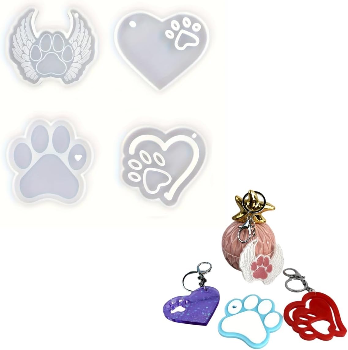 Pet Paw Keychain Resin Molds, 4-Piece Set with Heart and Angel Wing Designs, Silicone Molds for DIY Keychains, Epoxy Resin Silicone Molds