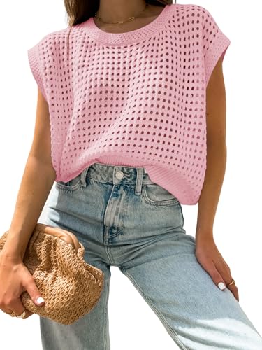 Image of Womens Summer Crochet Tops Hollow Out Cap Sleeve Cover Up Tank Top Pullover Sweater Vest Beach Vacation Clothes