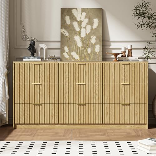 Image of MAISONARIA 63 inch Wide Fluted 9-Drawer Dresser for Bedroom, Natural