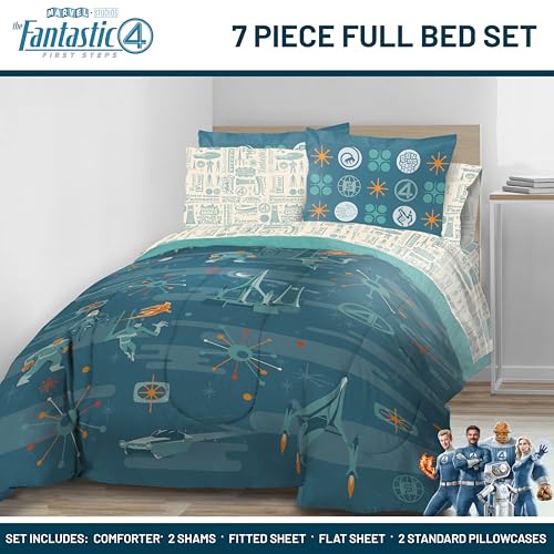 Image of Marvel Fantastic Four Full Size Comforter Set 7 Piece Bedding, Blue | Superhero, Bed in a Bag, Comforter Sheets Shams Pillowcases, Official Product, Soft Microfiber, Machine Washable, Kids Gift