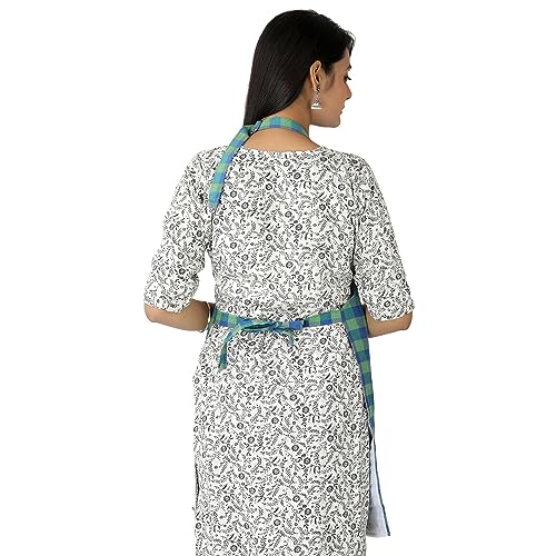 Image of GLUN Waterproof Unisex Green Checkered Kitchen Apron with Center Pocket and Adjustable Neck Belt with Metal Buckle