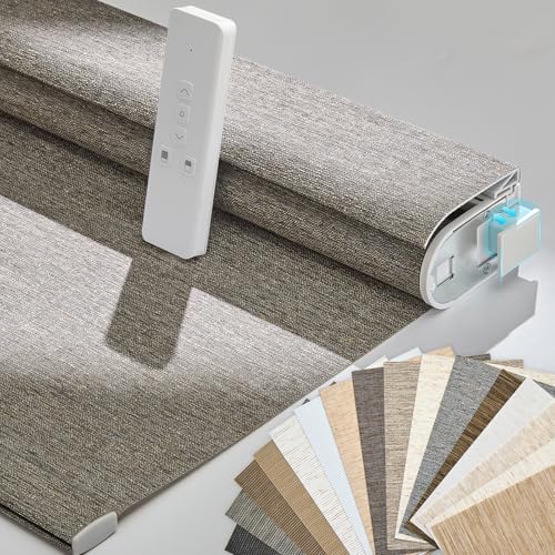 Persilux Smart Motorized Blinds with Remote, No Drill Automatic Roller Shades for Indoor Windows, Light Filtering Linen Fabric, Electric Blinds for Windows, Linen Brown C156-4, Custom Size