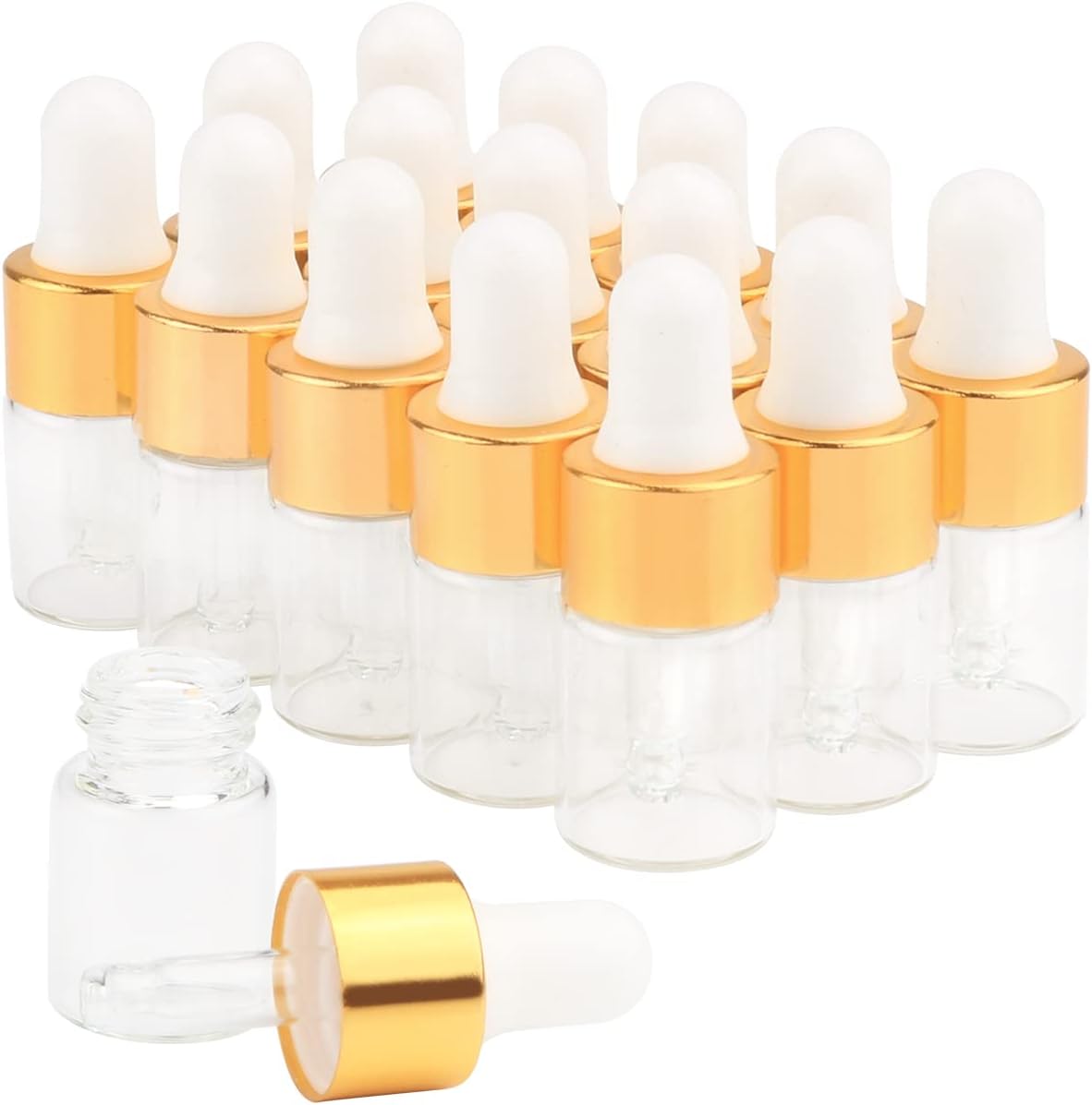 15Pcs Glass Essential Oil Dropper Bottles Clear Mini 1ml/2ml/3ml Perfume Dropping Bottle Cosmetic Sample Vials with Gold Cap and White Latex