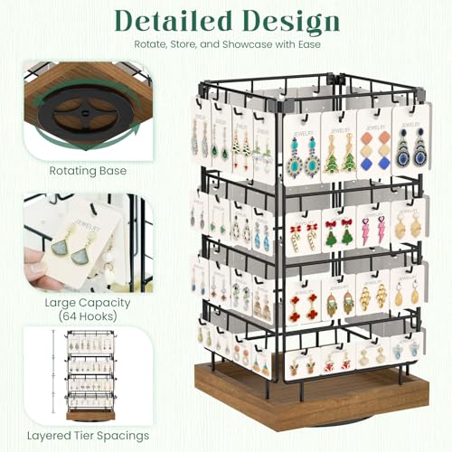 Image of EsLuker.ly Rotating Earring Display Holder Stand for Vendors Events Selling, Large Capacity 64 Hooks Jewelry Rack with Wooden Base for Earring Card Sales, Enhances Retail Display Visibility