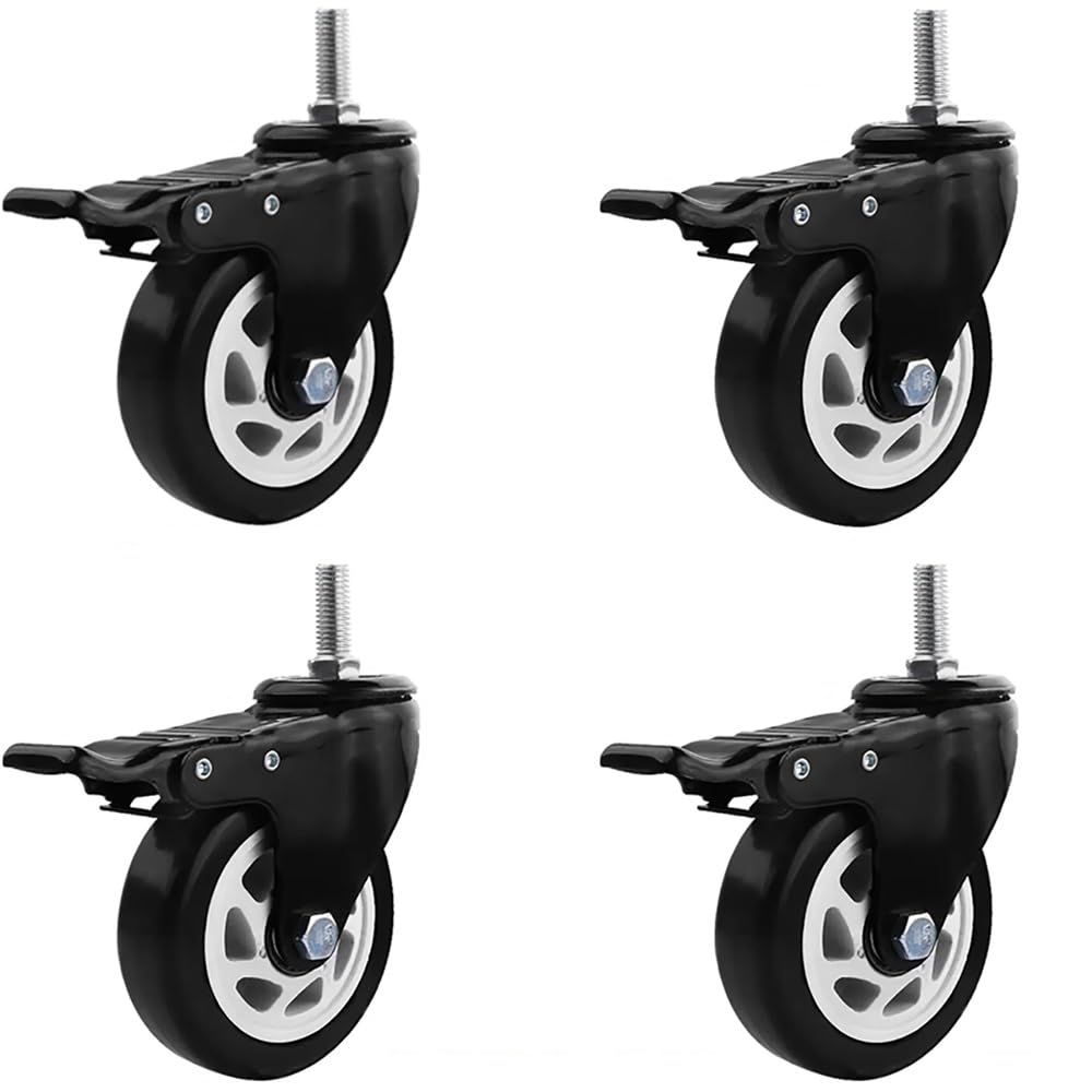 Pesanti PU Ruote in Gomma 4 Pezzi, 4 Pollice Ruote Pivottanti con Freni, M12 Stelo Filettato Ruote per Carrelli, Scaffali(with Brake)