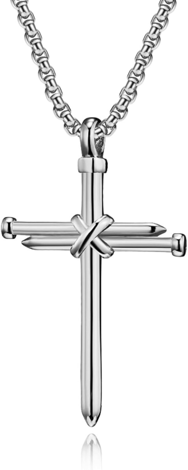 naszyjnik, Naszyjnik z krzyżem na gwoździu – polerowana zawieszka religijna ze stali nierdzewnej dla mężczyzn i kobiet
